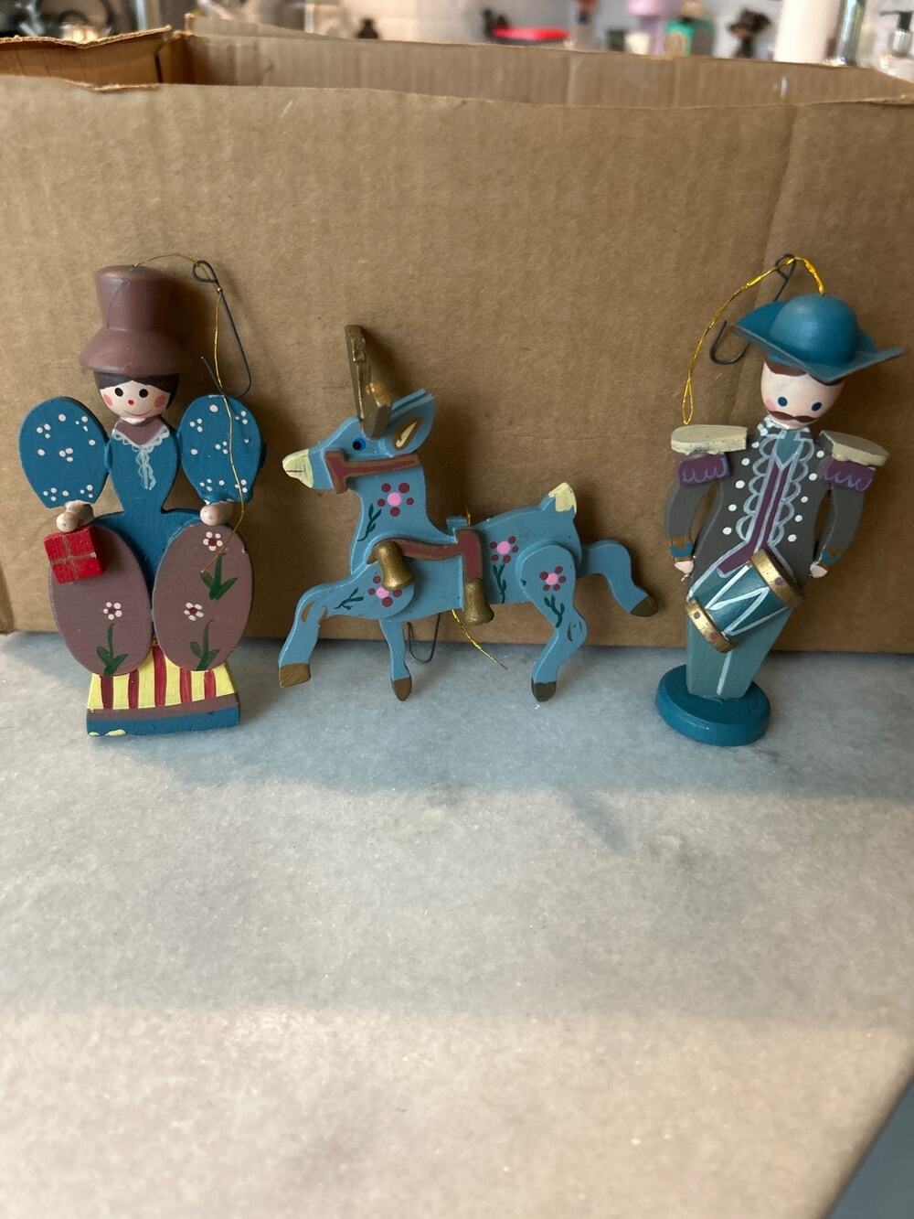 Vintage Wooden Christmas Ornaments Lot 3 Hand Painted Blue Reindeer Pilgrim (73